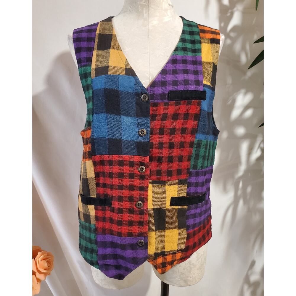 Vtg Accordeon 80s Plaid Patchwork Check Corduroy Button Vest Size M Artsy Punk
